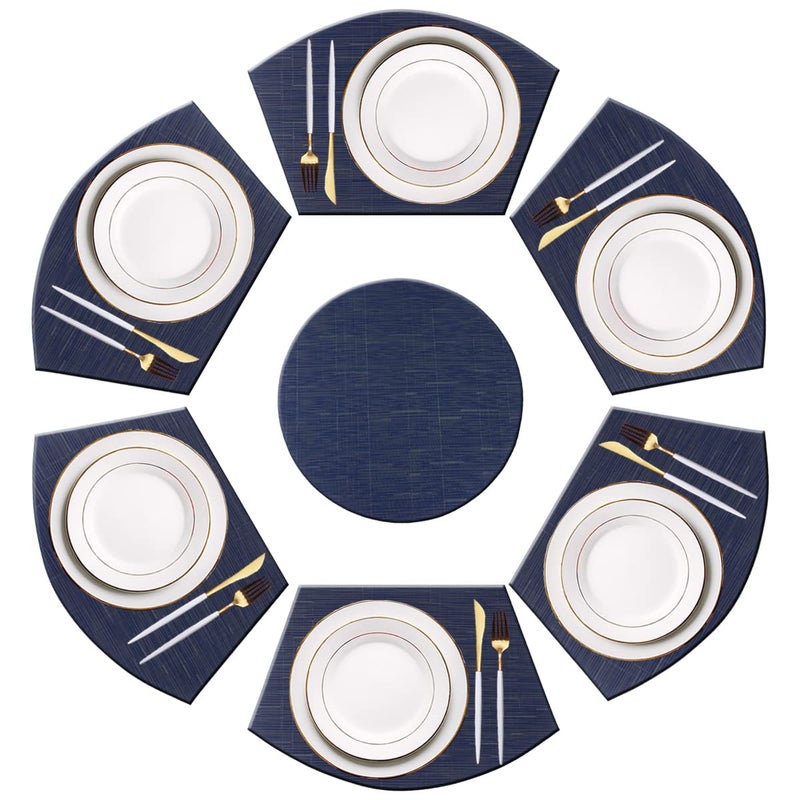 PIGCHCY Wedge Shaped Placemats Set of 6 with Centerpiece Round Mats Washable Kitchen Placemats Heat-Resistant Table Mats (Navy Blue) - Image 1